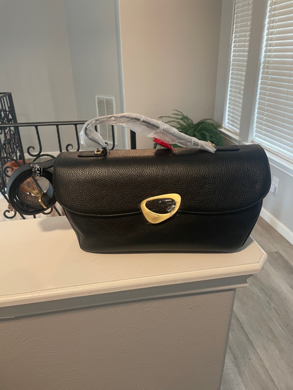Arcadia Black Pebbled Leather East West Shoulder Bag with Gold Accent - Picture 7 of 8